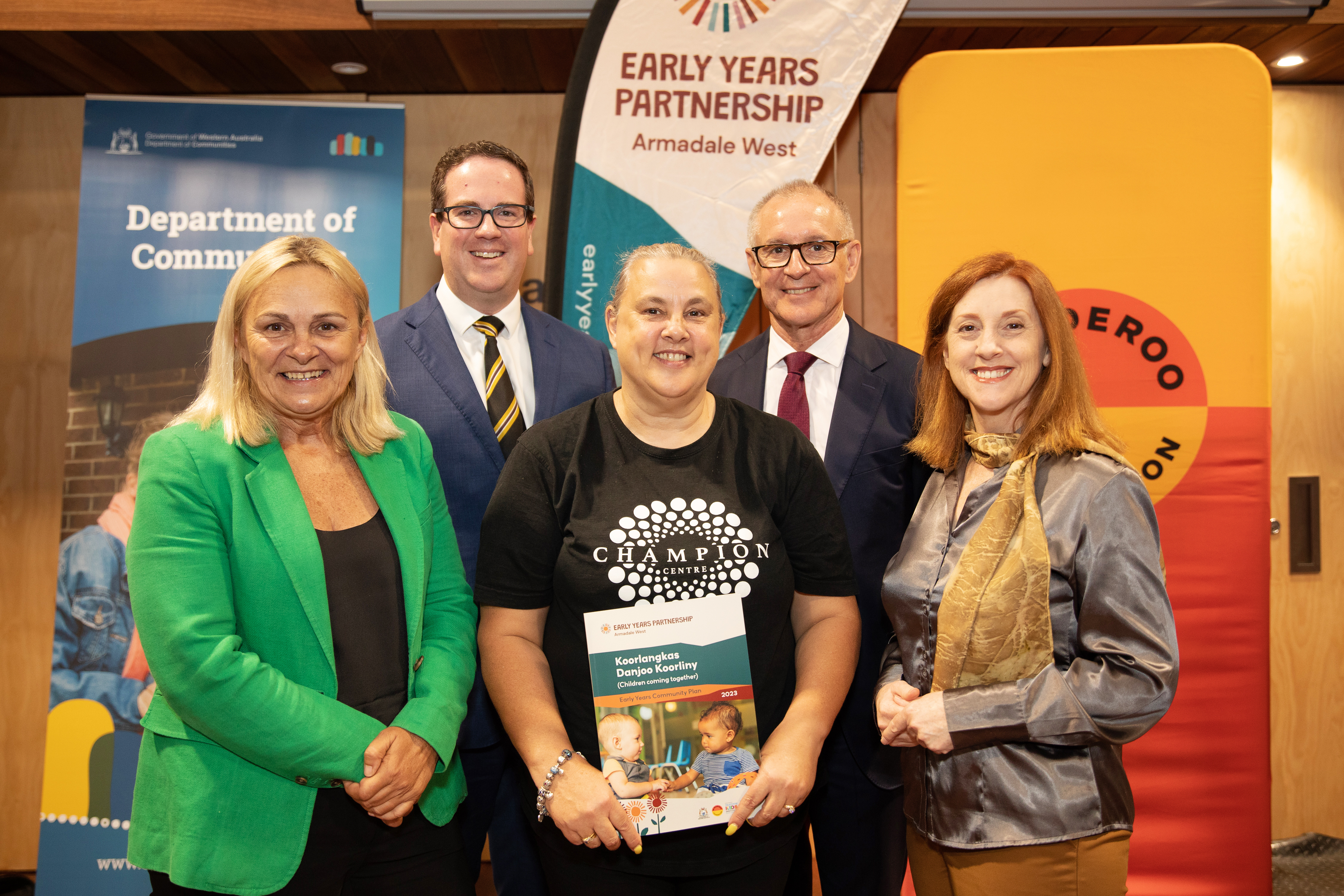 Early Childhood Education Minister Sabine Winton, Member for Burt Matt Keogh, City of Armadale Aboriginal Development Coordinator Jodie Clarke, Minderoo Foundation’s Jay Weatherill and Mayor Ruth Butterfield