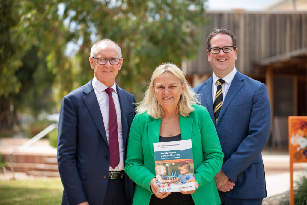 Minderoo Foundation's Jay Weatherill, with Early Childhood Education Minister Sabine Winton, and Member for Burt Matt Keogh at the launch of the community plan